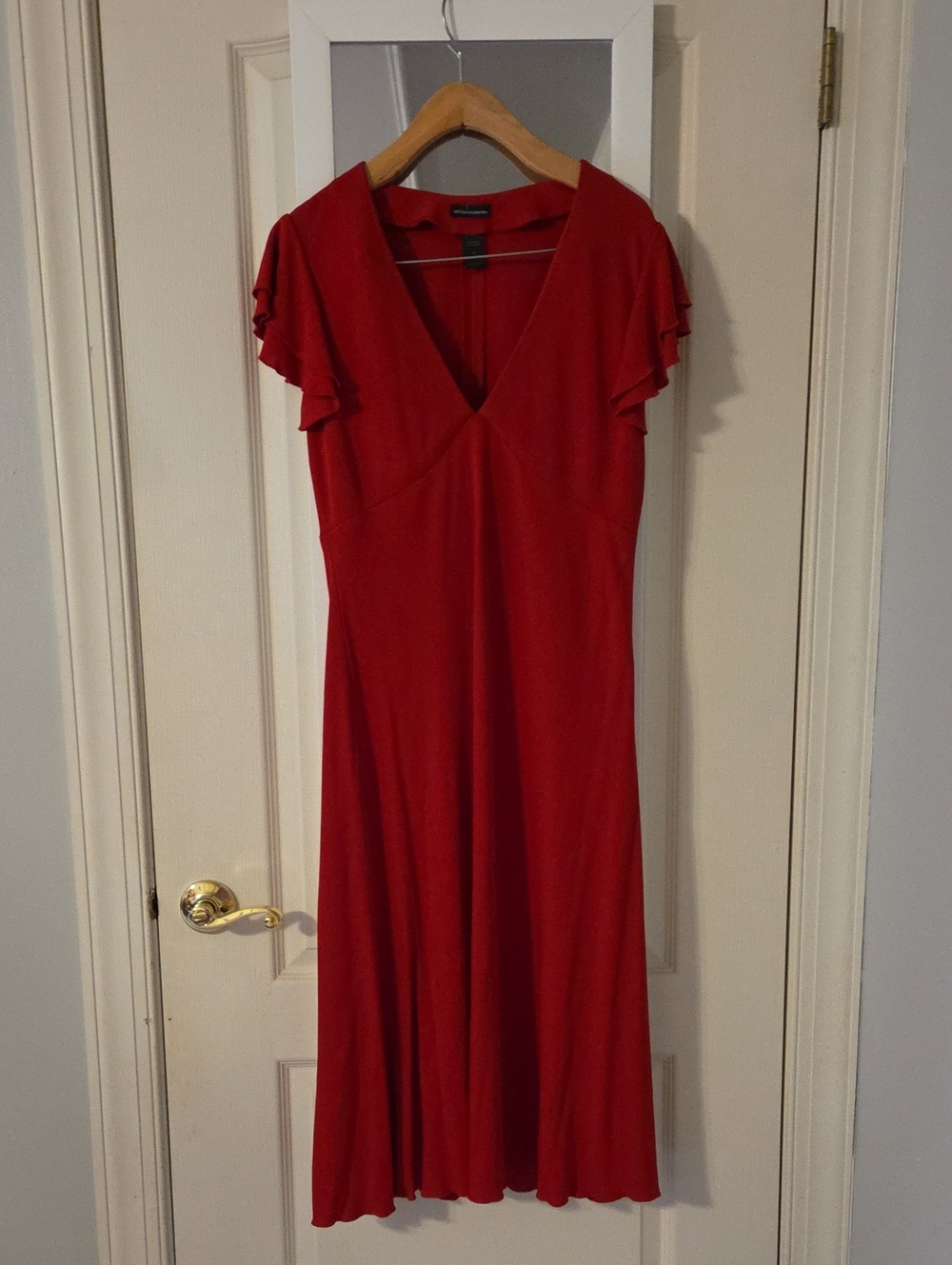 Classic Red V-Neck Midi Dress with Flutter Sleeves